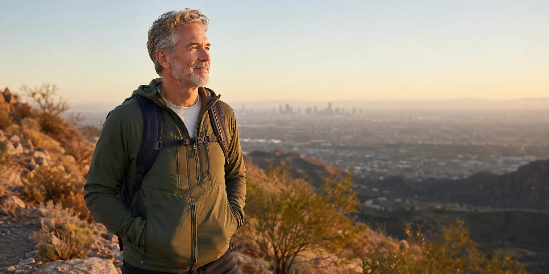 Healthy older adult enjoying a sunrise hike